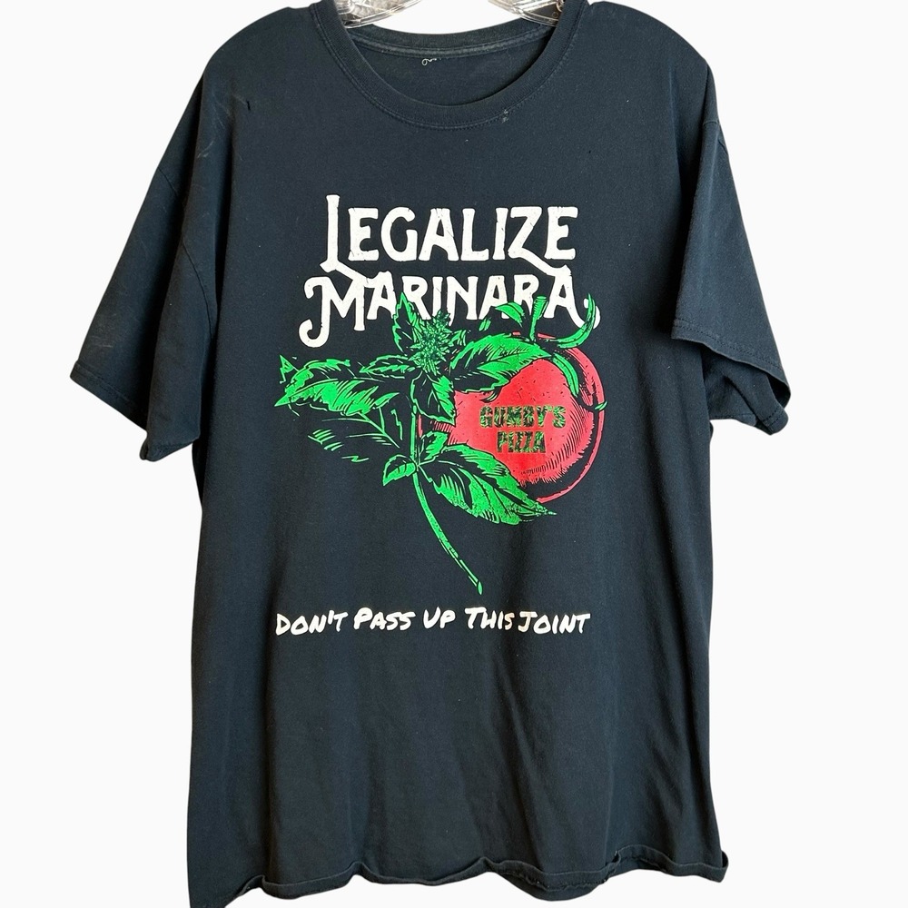 VTG Gumby's PIZZA Parody Cannabis Motif Pizza T-Shirt Men's Size XL Doube Sided